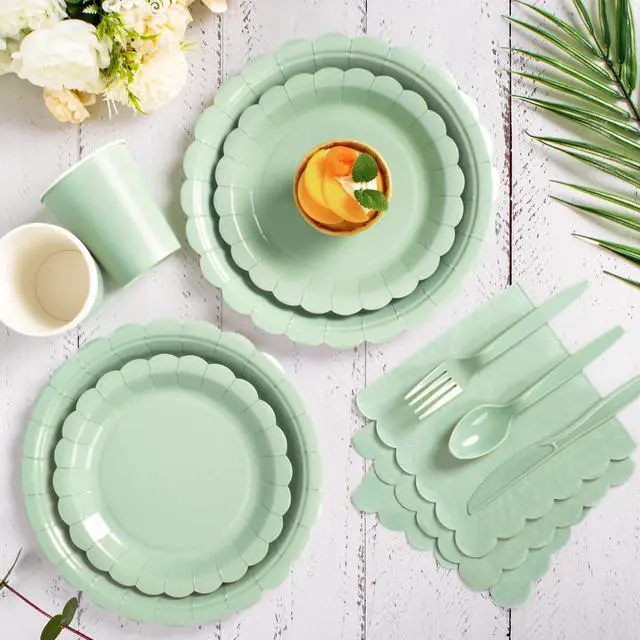 Alt view image 5 of 7 - 350 Pcs Sage Green Paper Sets for 50 Guests, Disposable Plates Cups Napkins and Cutlery, Birthday Baby Shower Wedding Party Supplies