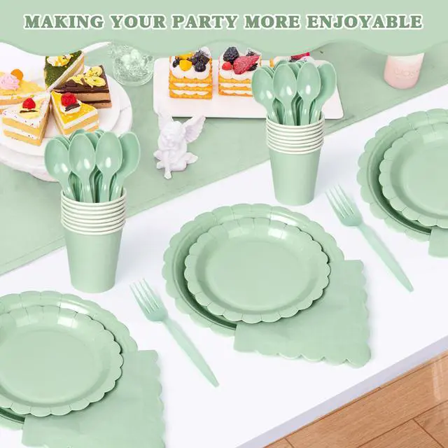 Alt view image 6 of 7 - 350 Pcs Sage Green Paper Sets for 50 Guests, Disposable Plates Cups Napkins and Cutlery, Birthday Baby Shower Wedding Party Supplies