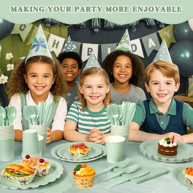 Alt view image 7 of 7 - 350 Pcs Sage Green Paper Sets for 50 Guests, Disposable Plates Cups Napkins and Cutlery, Birthday Baby Shower Wedding Party Supplies