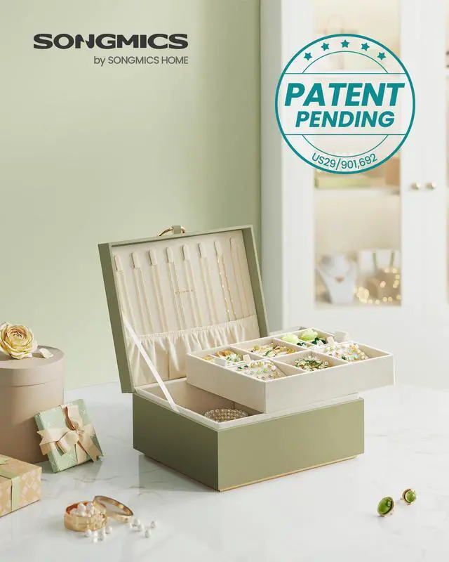 Alt view image 2 of 7 - 2-Layer Jewelry Box, Jewelry Organizer with Handle, Removable Jewelry Tray, Jewelry Storage, Floating Effect, 8.1 x 9.4 x 4.3 Inches, Gift Idea, Sage Green UJBC165C02