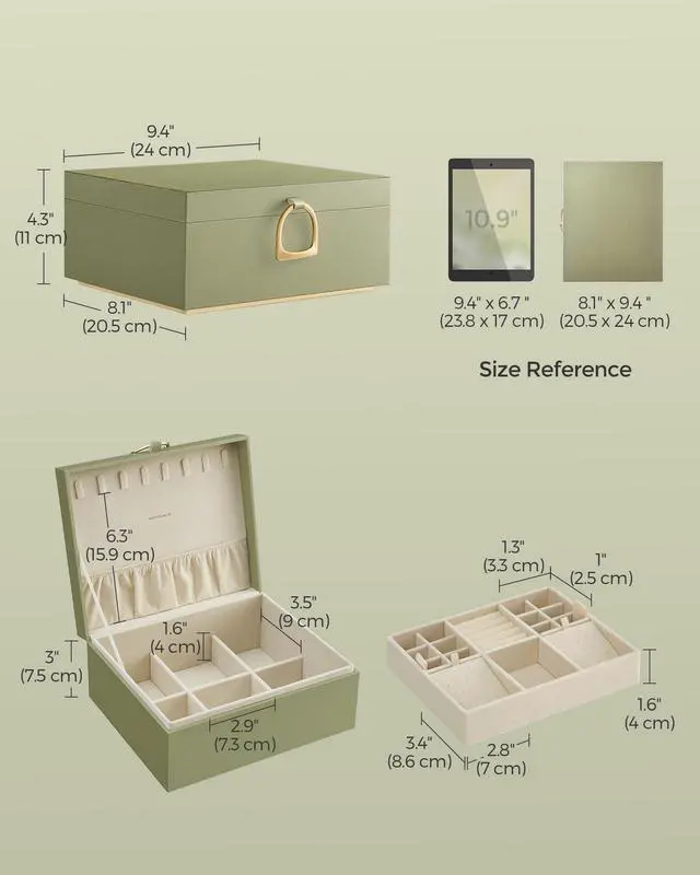 Alt view image 5 of 7 - 2-Layer Jewelry Box, Jewelry Organizer with Handle, Removable Jewelry Tray, Jewelry Storage, Floating Effect, 8.1 x 9.4 x 4.3 Inches, Gift Idea, Sage Green UJBC165C02