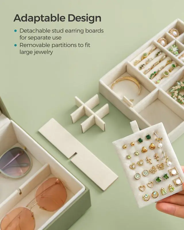 Alt view image 6 of 7 - 2-Layer Jewelry Box, Jewelry Organizer with Handle, Removable Jewelry Tray, Jewelry Storage, Floating Effect, 8.1 x 9.4 x 4.3 Inches, Gift Idea, Sage Green UJBC165C02
