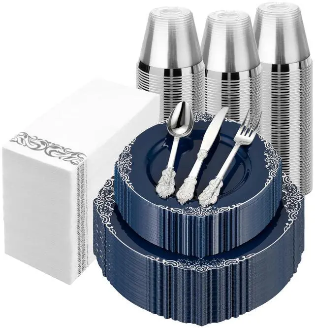 Main image of 350PCS Navy Blue Plastic Plates for 50 Guests, Disposable Plates with Silver Trim include 50 Dinner and Dessert Plates, 150 Gold Silverware, 50 Cups, 50 Napkins for Party, Wedding