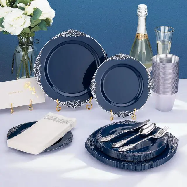Alt view image 2 of 7 - 350PCS Navy Blue Plastic Plates for 50 Guests, Disposable Plates with Silver Trim include 50 Dinner and Dessert Plates, 150 Gold Silverware, 50 Cups, 50 Napkins for Party, Wedding