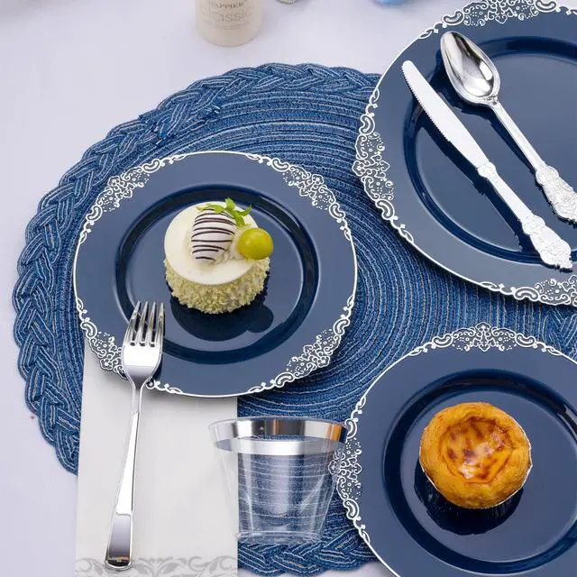 Alt view image 3 of 7 - 350PCS Navy Blue Plastic Plates for 50 Guests, Disposable Plates with Silver Trim include 50 Dinner and Dessert Plates, 150 Gold Silverware, 50 Cups, 50 Napkins for Party, Wedding