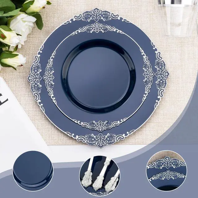 Alt view image 4 of 7 - 350PCS Navy Blue Plastic Plates for 50 Guests, Disposable Plates with Silver Trim include 50 Dinner and Dessert Plates, 150 Gold Silverware, 50 Cups, 50 Napkins for Party, Wedding
