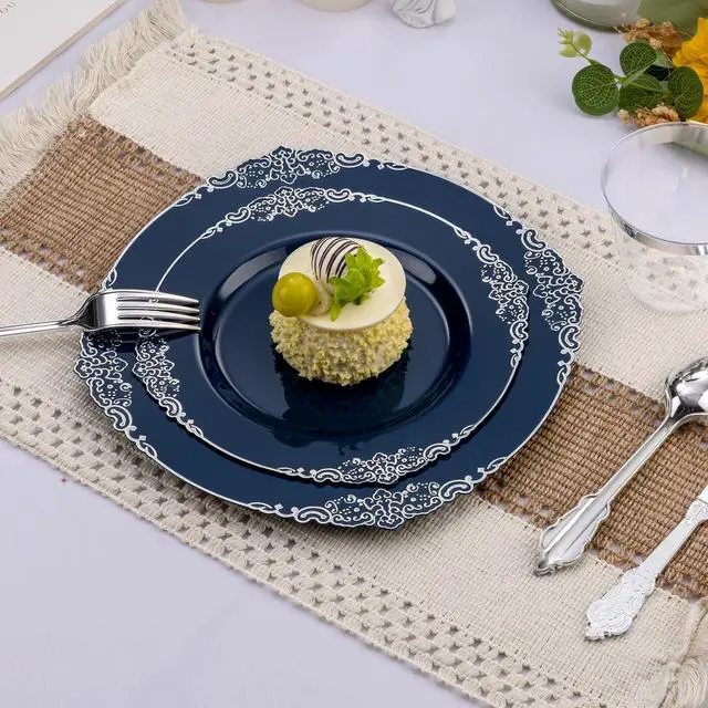 Alt view image 5 of 7 - 350PCS Navy Blue Plastic Plates for 50 Guests, Disposable Plates with Silver Trim include 50 Dinner and Dessert Plates, 150 Gold Silverware, 50 Cups, 50 Napkins for Party, Wedding