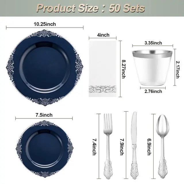 Alt view image 6 of 7 - 350PCS Navy Blue Plastic Plates for 50 Guests, Disposable Plates with Silver Trim include 50 Dinner and Dessert Plates, 150 Gold Silverware, 50 Cups, 50 Napkins for Party, Wedding
