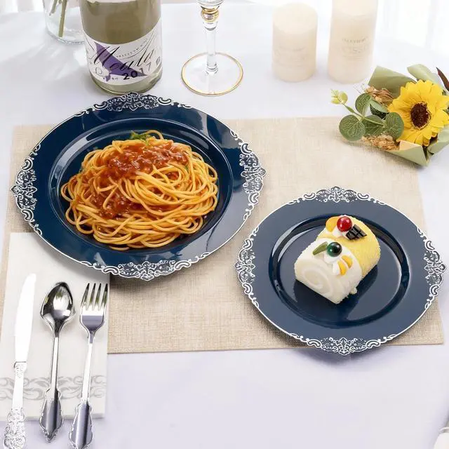 Alt view image 7 of 7 - 350PCS Navy Blue Plastic Plates for 50 Guests, Disposable Plates with Silver Trim include 50 Dinner and Dessert Plates, 150 Gold Silverware, 50 Cups, 50 Napkins for Party, Wedding