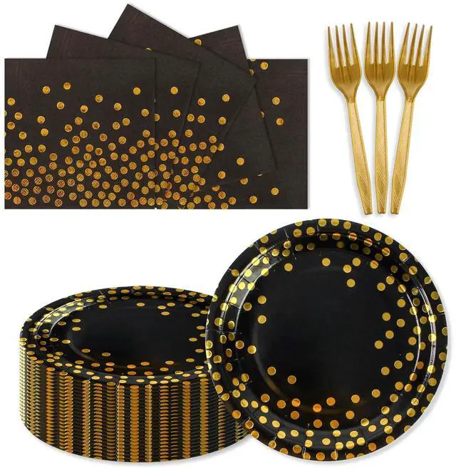 Main image of 150PCS Paper Plates and Napkins Set - Black and Gold Dot Disposable Party Dinnerware Includes Paper Plates, Napkins, Forks Decorations for Birthdays, Graduations, Weddings and Holidays, Serves 50