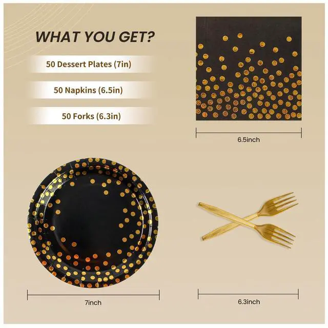 Alt view image 2 of 7 - 150PCS Paper Plates and Napkins Set - Black and Gold Dot Disposable Party Dinnerware Includes Paper Plates, Napkins, Forks Decorations for Birthdays, Graduations, Weddings and Holidays, Serves 50