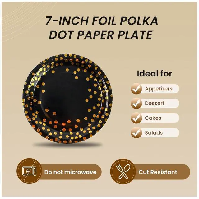 Alt view image 3 of 7 - 150PCS Paper Plates and Napkins Set - Black and Gold Dot Disposable Party Dinnerware Includes Paper Plates, Napkins, Forks Decorations for Birthdays, Graduations, Weddings and Holidays, Serves 50