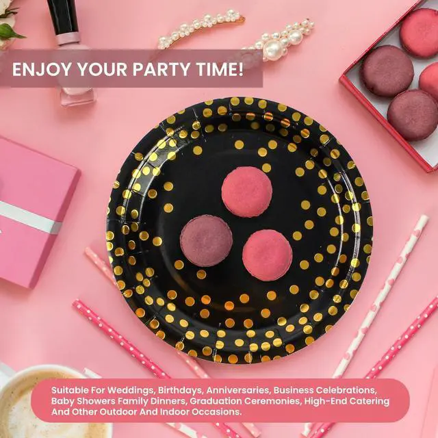 Alt view image 5 of 7 - 150PCS Paper Plates and Napkins Set - Black and Gold Dot Disposable Party Dinnerware Includes Paper Plates, Napkins, Forks Decorations for Birthdays, Graduations, Weddings and Holidays, Serves 50