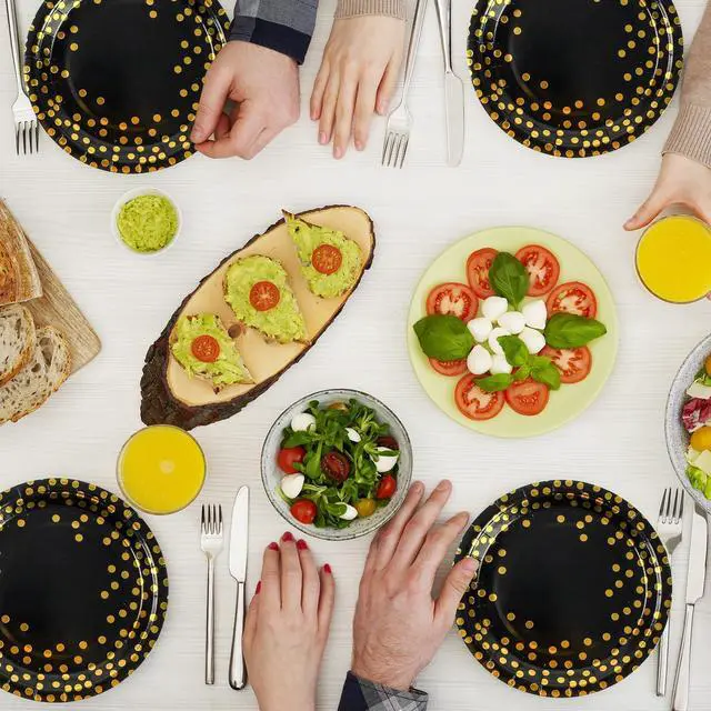 Alt view image 6 of 7 - 150PCS Paper Plates and Napkins Set - Black and Gold Dot Disposable Party Dinnerware Includes Paper Plates, Napkins, Forks Decorations for Birthdays, Graduations, Weddings and Holidays, Serves 50