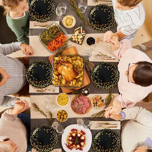 Alt view image 7 of 7 - 150PCS Paper Plates and Napkins Set - Black and Gold Dot Disposable Party Dinnerware Includes Paper Plates, Napkins, Forks Decorations for Birthdays, Graduations, Weddings and Holidays, Serves 50