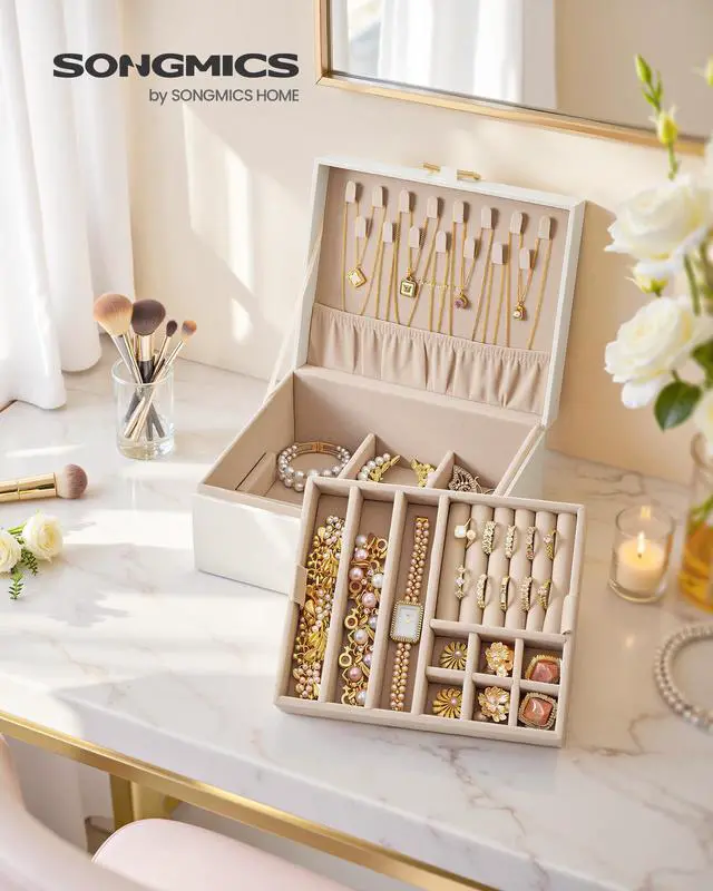 Alt view image 2 of 6 - 2-Layer Jewelry Box Organizer, Jewelry Storage Case with Removable Tray and Handle, for Necklaces, Earrings, Rings, Bracelets, 6.7 x 8.1 x 3.7 Inches, Gift Idea, Cream White UJBC208WD01