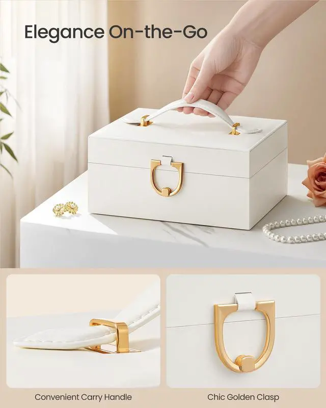 Alt view image 3 of 6 - 2-Layer Jewelry Box Organizer, Jewelry Storage Case with Removable Tray and Handle, for Necklaces, Earrings, Rings, Bracelets, 6.7 x 8.1 x 3.7 Inches, Gift Idea, Cream White UJBC208WD01