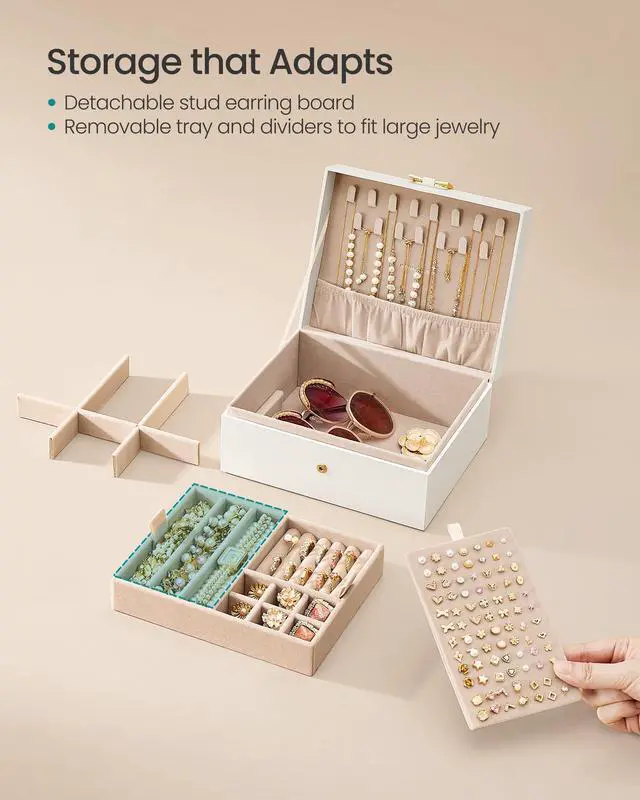 Alt view image 4 of 6 - 2-Layer Jewelry Box Organizer, Jewelry Storage Case with Removable Tray and Handle, for Necklaces, Earrings, Rings, Bracelets, 6.7 x 8.1 x 3.7 Inches, Gift Idea, Cream White UJBC208WD01
