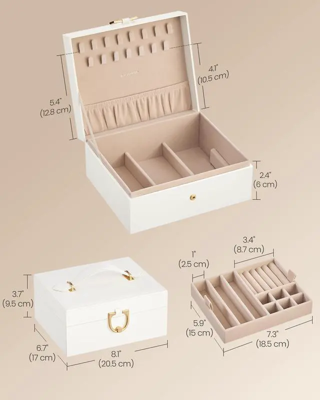 Alt view image 5 of 6 - 2-Layer Jewelry Box Organizer, Jewelry Storage Case with Removable Tray and Handle, for Necklaces, Earrings, Rings, Bracelets, 6.7 x 8.1 x 3.7 Inches, Gift Idea, Cream White UJBC208WD01