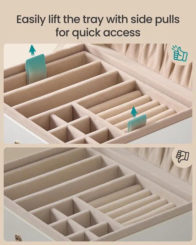 Alt view image 6 of 6 - 2-Layer Jewelry Box Organizer, Jewelry Storage Case with Removable Tray and Handle, for Necklaces, Earrings, Rings, Bracelets, 6.7 x 8.1 x 3.7 Inches, Gift Idea, Cream White UJBC208WD01
