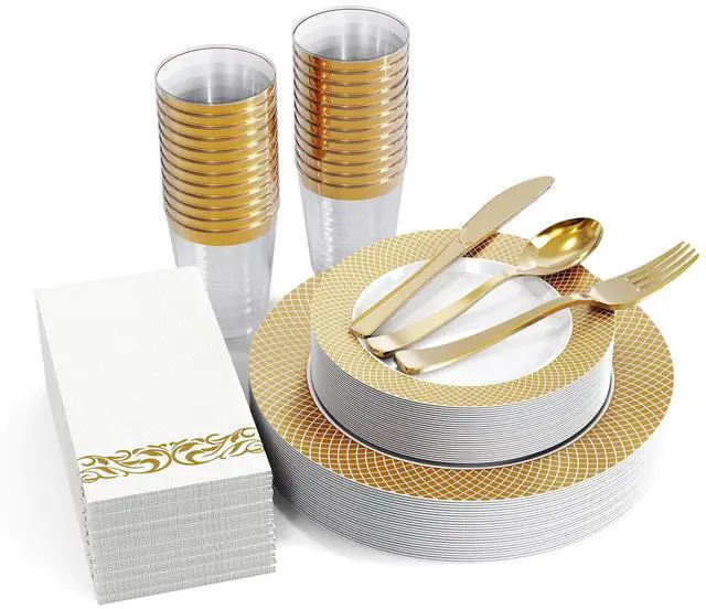 Main image of 175 Count Gold Dinnerware Set for 25 Guests - Disposable Plastic Plates with Gold Grid, Includes 25 Dinner & Salad Plates, Cups, Napkins, Cutlery Set for Wedding Parties