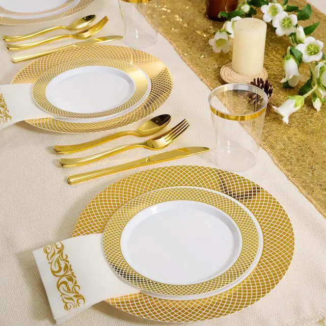 Alt view image 2 of 7 - 175 Count Gold Dinnerware Set for 25 Guests - Disposable Plastic Plates with Gold Grid, Includes 25 Dinner & Salad Plates, Cups, Napkins, Cutlery Set for Wedding Parties