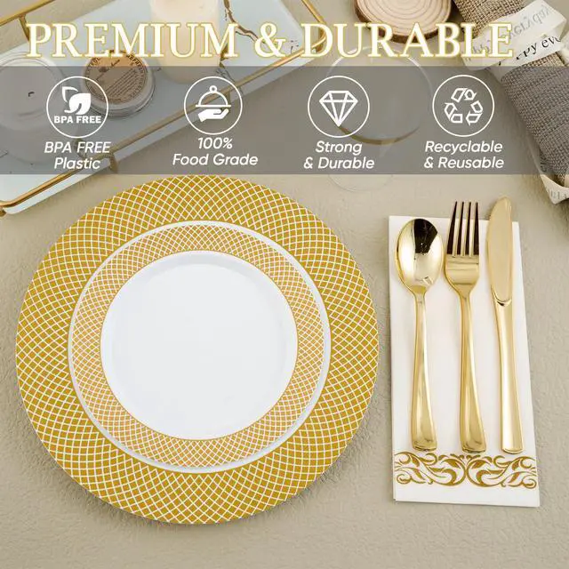 Alt view image 3 of 7 - 175 Count Gold Dinnerware Set for 25 Guests - Disposable Plastic Plates with Gold Grid, Includes 25 Dinner & Salad Plates, Cups, Napkins, Cutlery Set for Wedding Parties