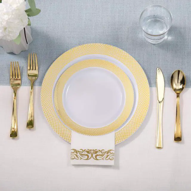 Alt view image 4 of 7 - 175 Count Gold Dinnerware Set for 25 Guests - Disposable Plastic Plates with Gold Grid, Includes 25 Dinner & Salad Plates, Cups, Napkins, Cutlery Set for Wedding Parties