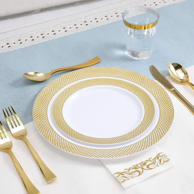 Alt view image 5 of 7 - 175 Count Gold Dinnerware Set for 25 Guests - Disposable Plastic Plates with Gold Grid, Includes 25 Dinner & Salad Plates, Cups, Napkins, Cutlery Set for Wedding Parties