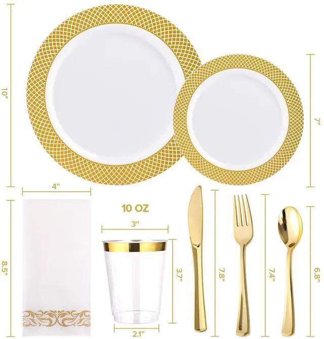 Alt view image 6 of 7 - 175 Count Gold Dinnerware Set for 25 Guests - Disposable Plastic Plates with Gold Grid, Includes 25 Dinner & Salad Plates, Cups, Napkins, Cutlery Set for Wedding Parties