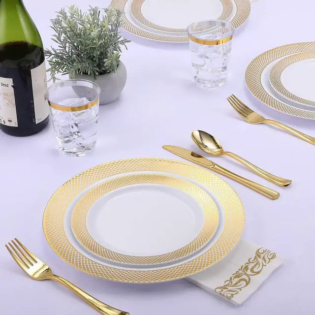 Alt view image 7 of 7 - 175 Count Gold Dinnerware Set for 25 Guests - Disposable Plastic Plates with Gold Grid, Includes 25 Dinner & Salad Plates, Cups, Napkins, Cutlery Set for Wedding Parties