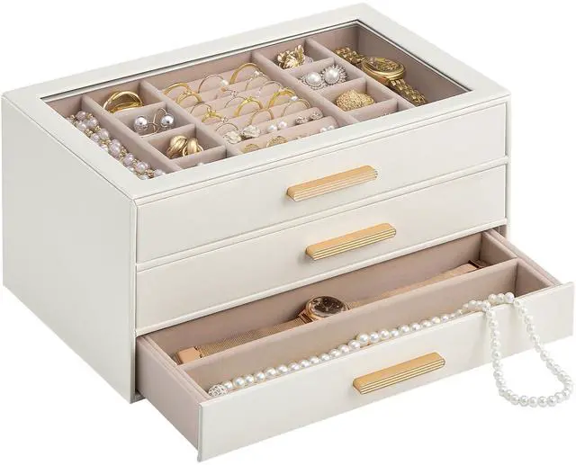 Main image of Jewelry Box Organizer, 3-Layer Jewelry Organizers and Storage Case with Glass Lid, Ring Earring Bracelet Necklace Holder Organizer, Mothers Day Gifts for Mom, Women Girls -3Layer, Beige
