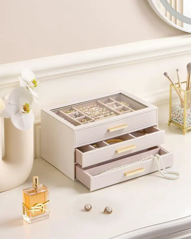 Alt view image 2 of 7 - Jewelry Box Organizer, 3-Layer Jewelry Organizers and Storage Case with Glass Lid, Ring Earring Bracelet Necklace Holder Organizer, Mothers Day Gifts for Mom, Women Girls -3Layer, Beige