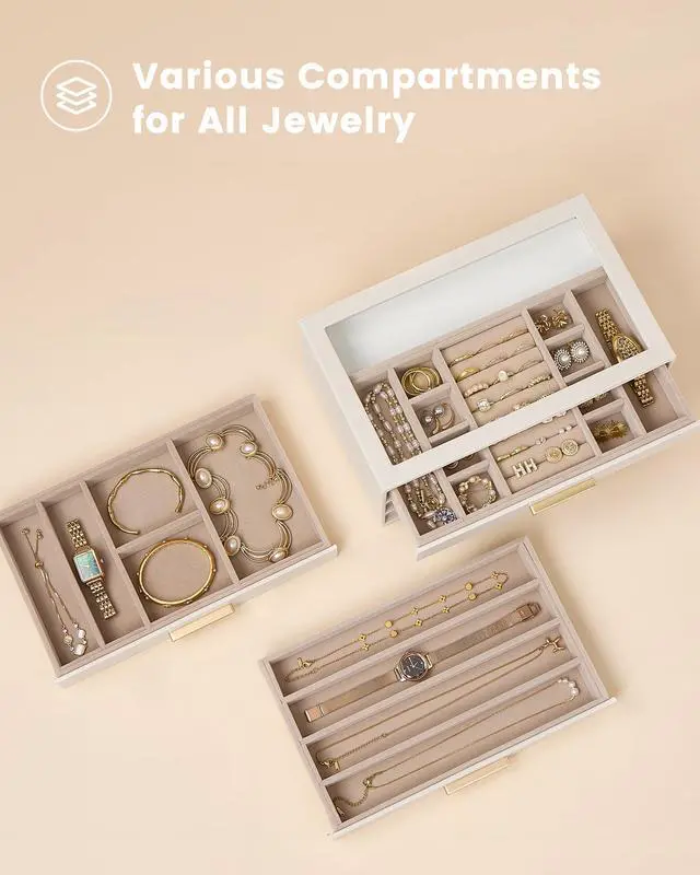 Alt view image 4 of 7 - Jewelry Box Organizer, 3-Layer Jewelry Organizers and Storage Case with Glass Lid, Ring Earring Bracelet Necklace Holder Organizer, Mothers Day Gifts for Mom, Women Girls -3Layer, Beige