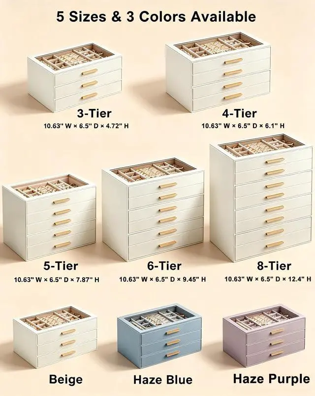 Alt view image 3 of 7 - Jewelry Box Organizer, 3-Layer Jewelry Organizers and Storage Case with Glass Lid, Ring Earring Bracelet Necklace Holder Organizer, Mothers Day Gifts for Mom, Women Girls -3Layer, Beige
