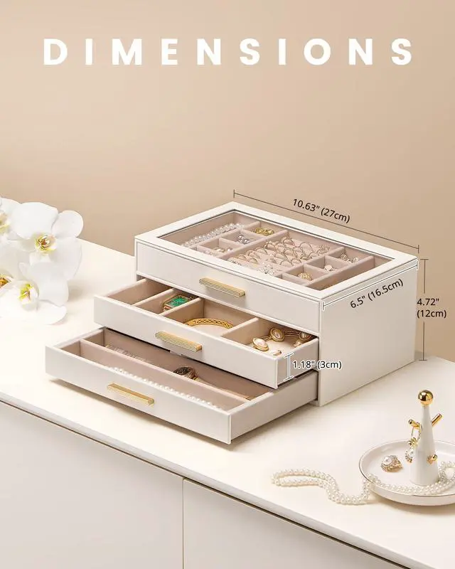 Alt view image 5 of 7 - Jewelry Box Organizer, 3-Layer Jewelry Organizers and Storage Case with Glass Lid, Ring Earring Bracelet Necklace Holder Organizer, Mothers Day Gifts for Mom, Women Girls -3Layer, Beige