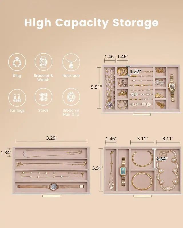 Alt view image 6 of 7 - Jewelry Box Organizer, 3-Layer Jewelry Organizers and Storage Case with Glass Lid, Ring Earring Bracelet Necklace Holder Organizer, Mothers Day Gifts for Mom, Women Girls -3Layer, Beige