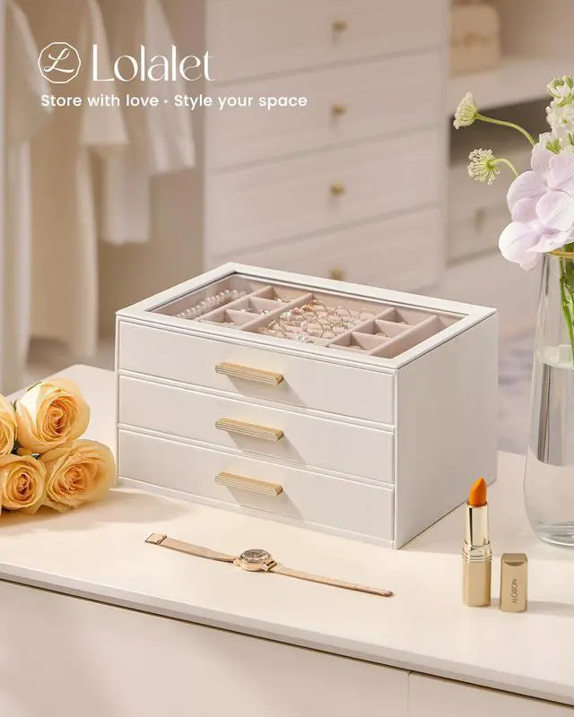 Alt view image 7 of 7 - Jewelry Box Organizer, 3-Layer Jewelry Organizers and Storage Case with Glass Lid, Ring Earring Bracelet Necklace Holder Organizer, Mothers Day Gifts for Mom, Women Girls -3Layer, Beige