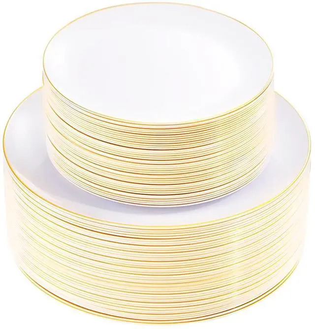 Main image of 100PCS White and Gold Plates - Plastic Disposable Plates - Includes 50Pieces 10.25inch Dinner and 50Pieces 7.5inch Dessert/Salad Plastic Plate for Wedding/Party/Baby Shower/Bridal Shower