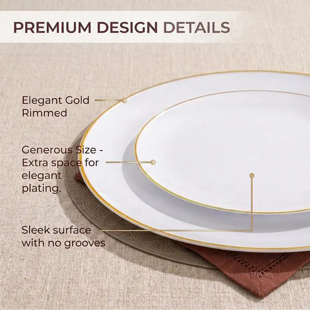 Alt view image 3 of 7 - 100PCS White and Gold Plates - Plastic Disposable Plates - Includes 50Pieces 10.25inch Dinner and 50Pieces 7.5inch Dessert/Salad Plastic Plate for Wedding/Party/Baby Shower/Bridal Shower