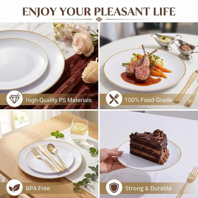 Alt view image 5 of 7 - 100PCS White and Gold Plates - Plastic Disposable Plates - Includes 50Pieces 10.25inch Dinner and 50Pieces 7.5inch Dessert/Salad Plastic Plate for Wedding/Party/Baby Shower/Bridal Shower