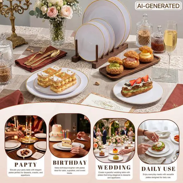Alt view image 4 of 7 - 100PCS White and Gold Plates - Plastic Disposable Plates - Includes 50Pieces 10.25inch Dinner and 50Pieces 7.5inch Dessert/Salad Plastic Plate for Wedding/Party/Baby Shower/Bridal Shower