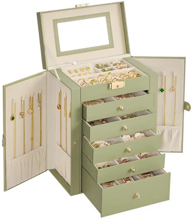 Main image of 6-Layer Jewelry Box Organizer with 5 Drawers, Jewelry Storage Case with Lock and Mirror, Large Storage Capacity, Gift for Loved Ones, for Necklaces, Watches, Sage Green UJBC152CE01S
