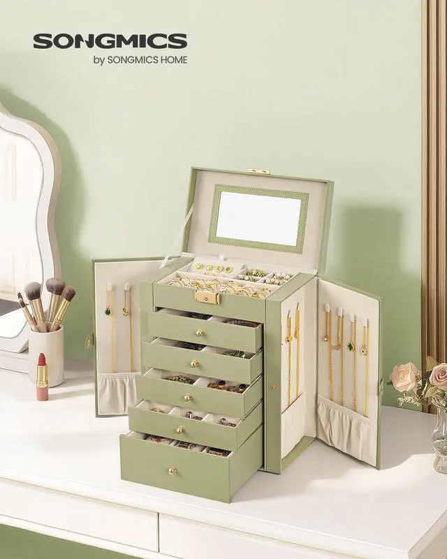 Alt view image 2 of 7 - 6-Layer Jewelry Box Organizer with 5 Drawers, Jewelry Storage Case with Lock and Mirror, Large Storage Capacity, Gift for Loved Ones, for Necklaces, Watches, Sage Green UJBC152CE01S