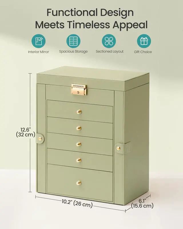 Alt view image 3 of 7 - 6-Layer Jewelry Box Organizer with 5 Drawers, Jewelry Storage Case with Lock and Mirror, Large Storage Capacity, Gift for Loved Ones, for Necklaces, Watches, Sage Green UJBC152CE01S