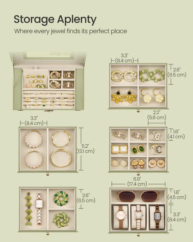 Alt view image 4 of 7 - 6-Layer Jewelry Box Organizer with 5 Drawers, Jewelry Storage Case with Lock and Mirror, Large Storage Capacity, Gift for Loved Ones, for Necklaces, Watches, Sage Green UJBC152CE01S