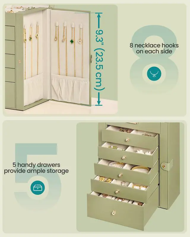 Alt view image 6 of 7 - 6-Layer Jewelry Box Organizer with 5 Drawers, Jewelry Storage Case with Lock and Mirror, Large Storage Capacity, Gift for Loved Ones, for Necklaces, Watches, Sage Green UJBC152CE01S