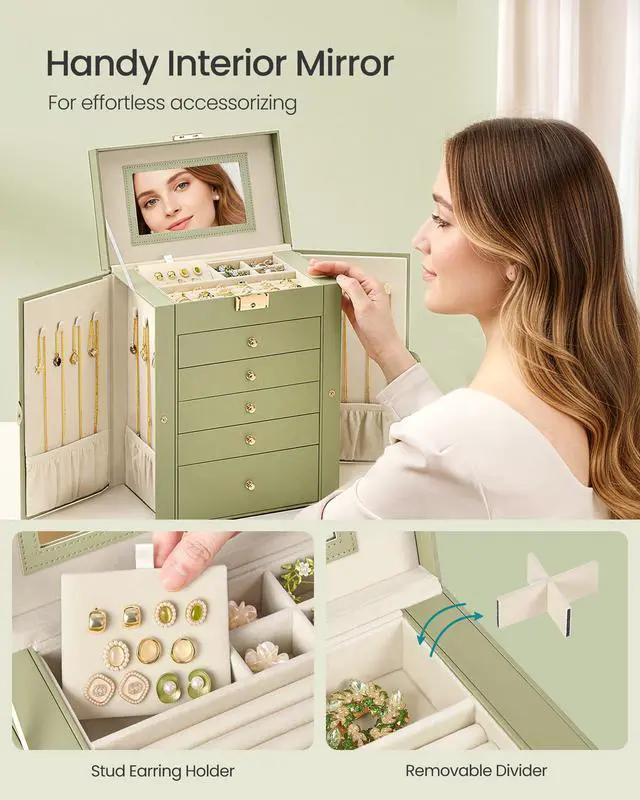 Alt view image 5 of 7 - 6-Layer Jewelry Box Organizer with 5 Drawers, Jewelry Storage Case with Lock and Mirror, Large Storage Capacity, Gift for Loved Ones, for Necklaces, Watches, Sage Green UJBC152CE01S