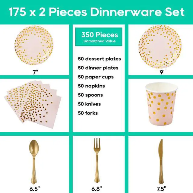 Alt view image 2 of 7 - Pink and Gold Party Supplies - 350 PCS Disposable Dinnerware Set - Pink Paper Plates Napkins Cups, Gold Plastic Forks Knives Spoon for Graduation, Birthday, Thanksgiving, Cocktail Party