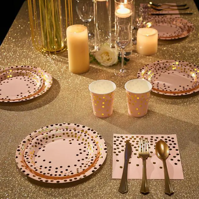 Alt view image 5 of 7 - Pink and Gold Party Supplies - 350 PCS Disposable Dinnerware Set - Pink Paper Plates Napkins Cups, Gold Plastic Forks Knives Spoon for Graduation, Birthday, Thanksgiving, Cocktail Party